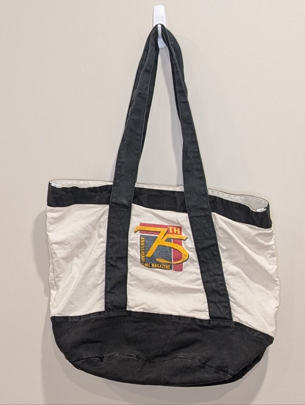 Vintage 1998 TIME Magazine 75th Anniversary Canvas Tote Bag Black Straps Cream